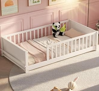 Bellemave Twin Size Floor Bed with slats and Book Storage for Kids, Girls, Boys, Wood Montessori Floor Bed with Guard Rails, Without Door, White