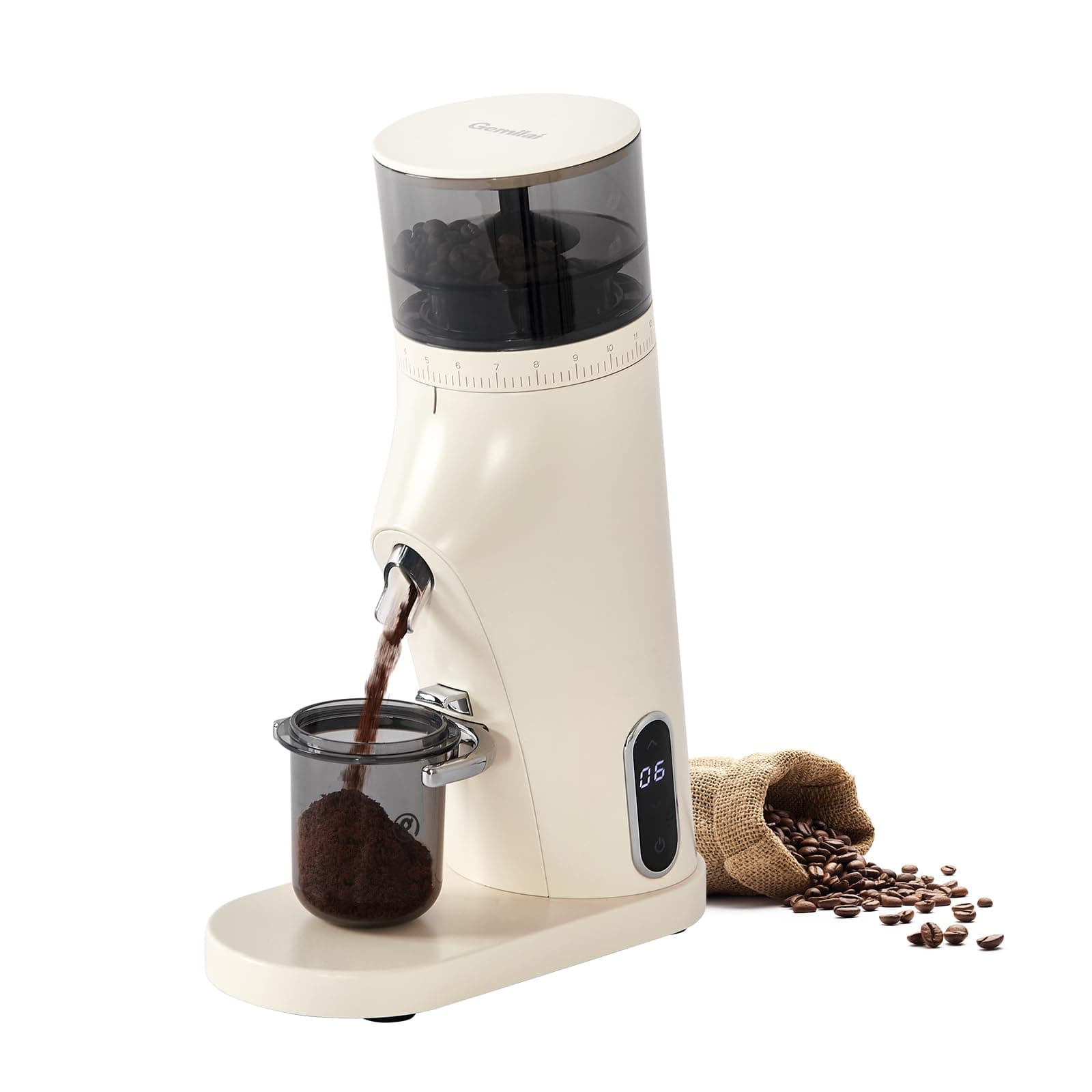 Gemilai Electric Conical Burr Coffee Grinder, Coffee Bean Grinder with Smart 60S Timer, 60 Precise Adjustable Grind Settings for Espresso, 2-12 Cup, Easy to Clean, Durable & Quiet, G9010B White