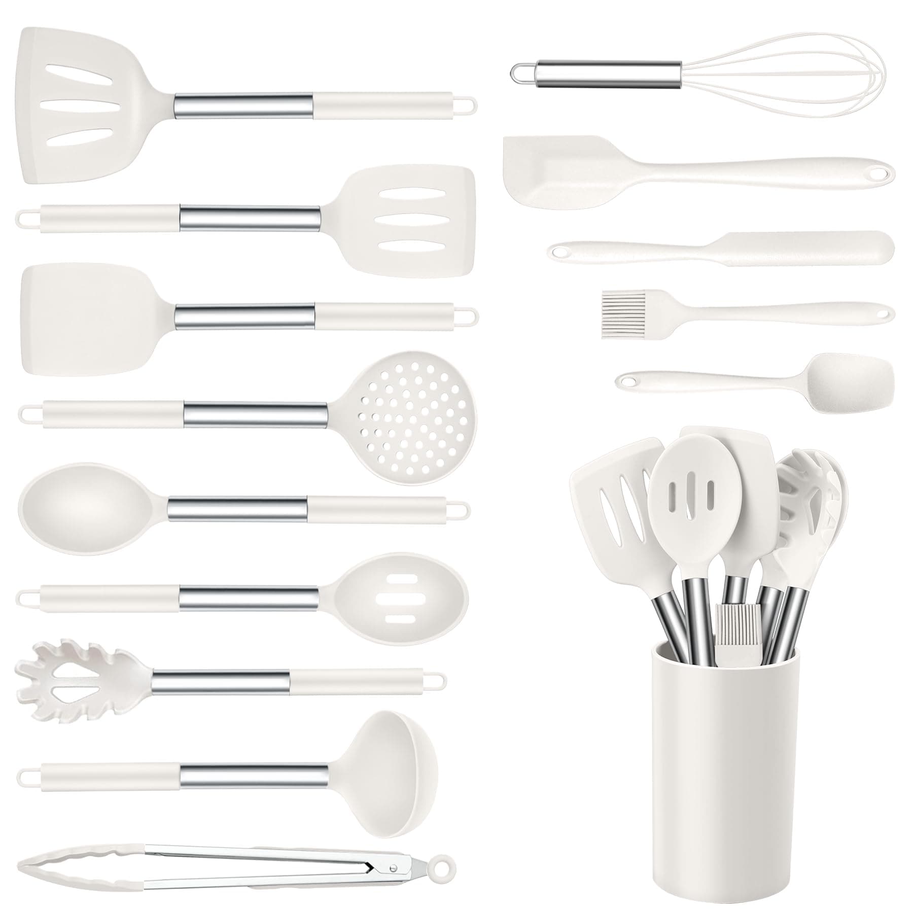 Onader Silicone Kitchen Utensils Set, 15pcs White Silicone Cooking Utensils Set with Holder, Includes Heat Resistant Spatula Turner Spoon Whisk Tong