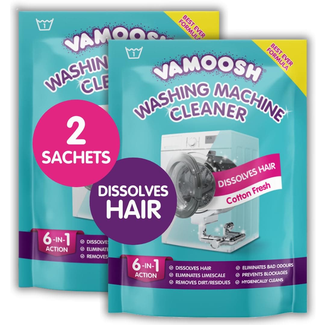 Vamoosh 6-in-1 Washing Machine Cleaner, Dissolves Hair, Eliminates Bad Odours, Removes Limescale, Deep Clean, Leaves Smelling Fresh, Antibacterial, Descales, 2 Sachet, 2 Washes