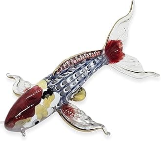 WitnyStore Tiny 5" Blue Red Gold Koi Fancy Carp Fish Figurine - Miniature Hand Blown Painted Glass Aquatic Animal Colorful Freshwater Ornamental Fishes Crystal Decorative Collectible Figure Décor Gift
