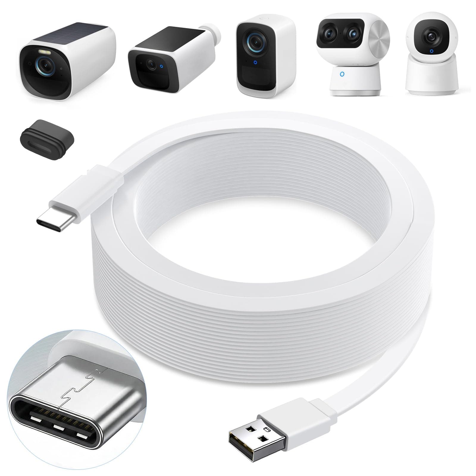 25ft Power Cable for eufy SoloCam S220/S340, C210, Power Extension Cable for eufyCam 3/S330, 3C/S300, Weatherproof Flat Charging Cord for eufy Indoor Cam S350/C220/C210, Indoor Outdoor Use