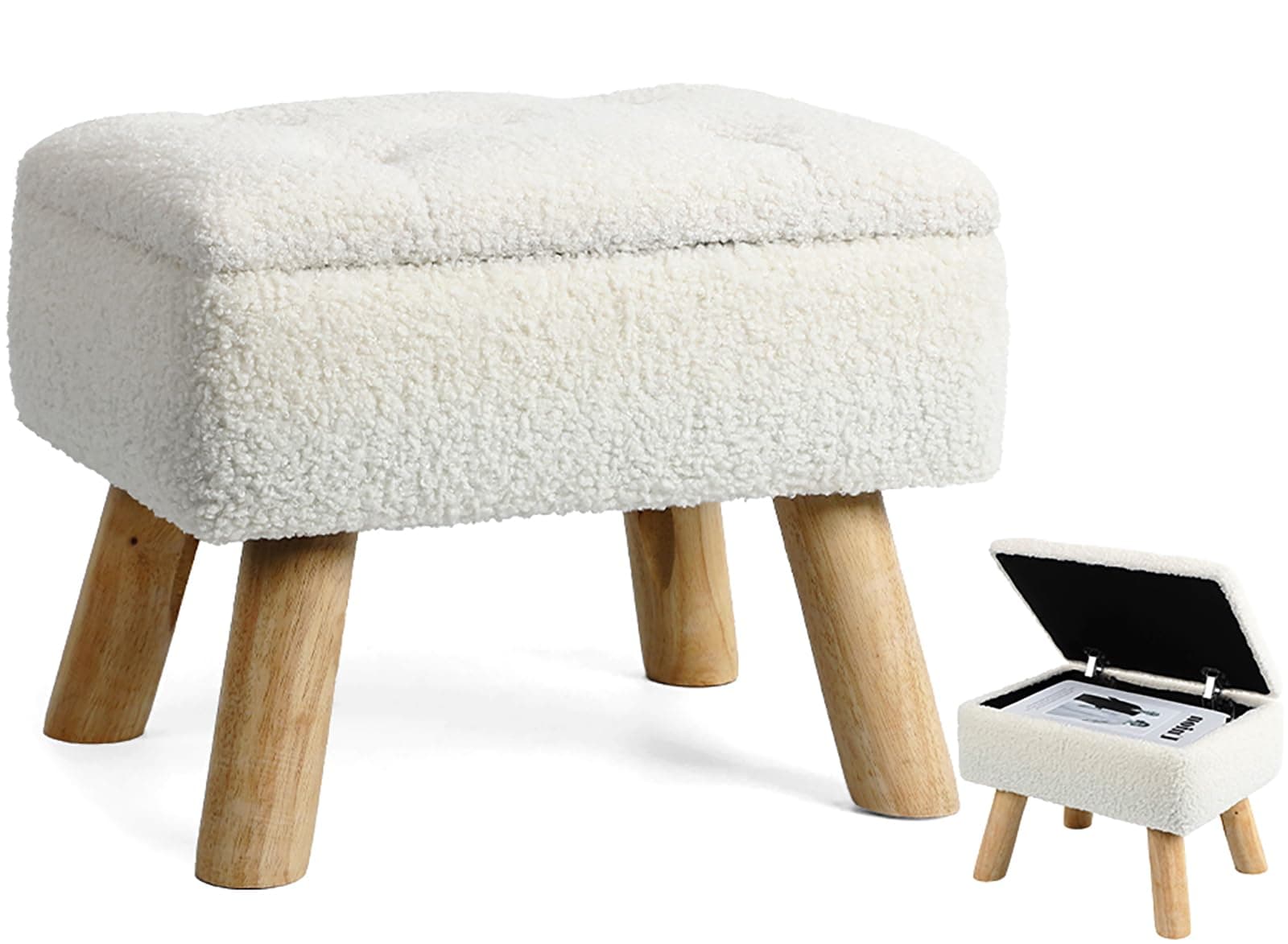 Storage Ottoman, Small Foot Stool Ottoman With Storage, Boucle Teddy Velvet Foot Rest With Padded Seat. (Cream)