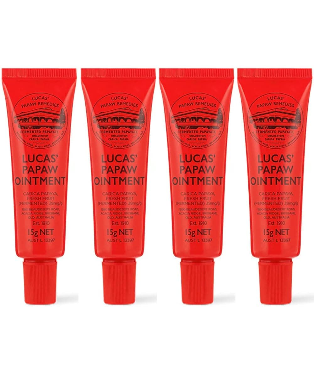 Lucas Papaw Ointment 15g Tubes with Lip Applicator — 4 Pack — Fermented Papaya Lip Balm for Dry, Chapped Lips, Purse Size, Made in Australia