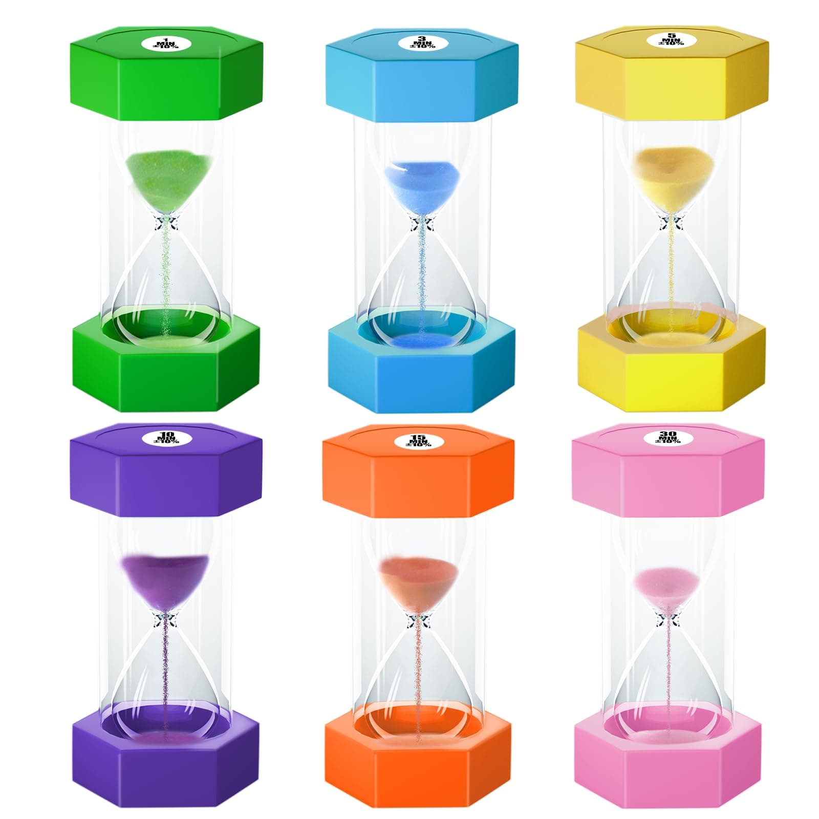 Hourglass Sand Timer for Kids, 1/3/5/10/15/30 Minutes Large Acrylic Unbreakable Sand Clock, Colorful Sandglass for Classroom, Games, Kitchen Decor (Pack of 6)