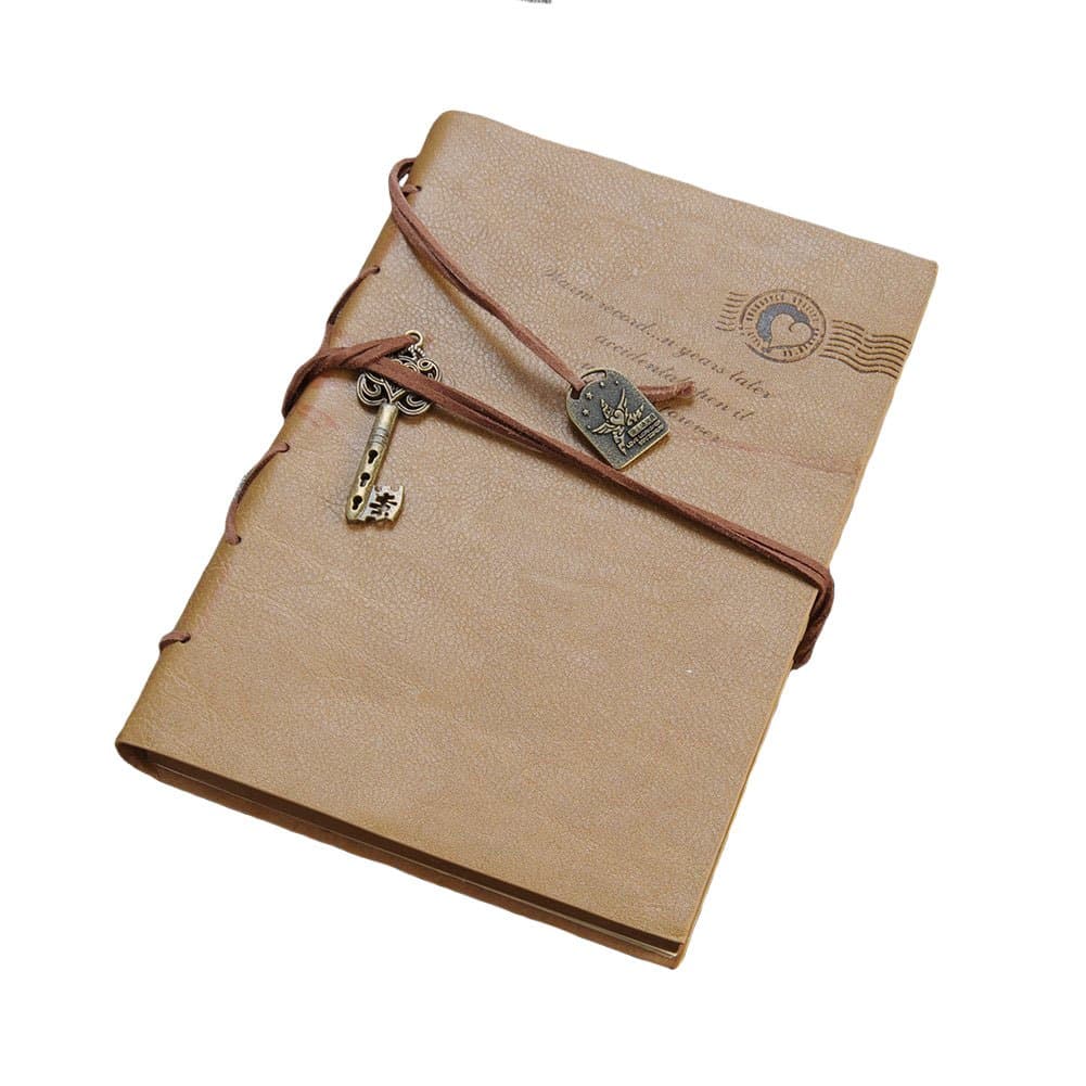 Retro Classic Leather Notebook Journal Diary Vintage Notepad String Key Sketchbook Memo (Khaki)