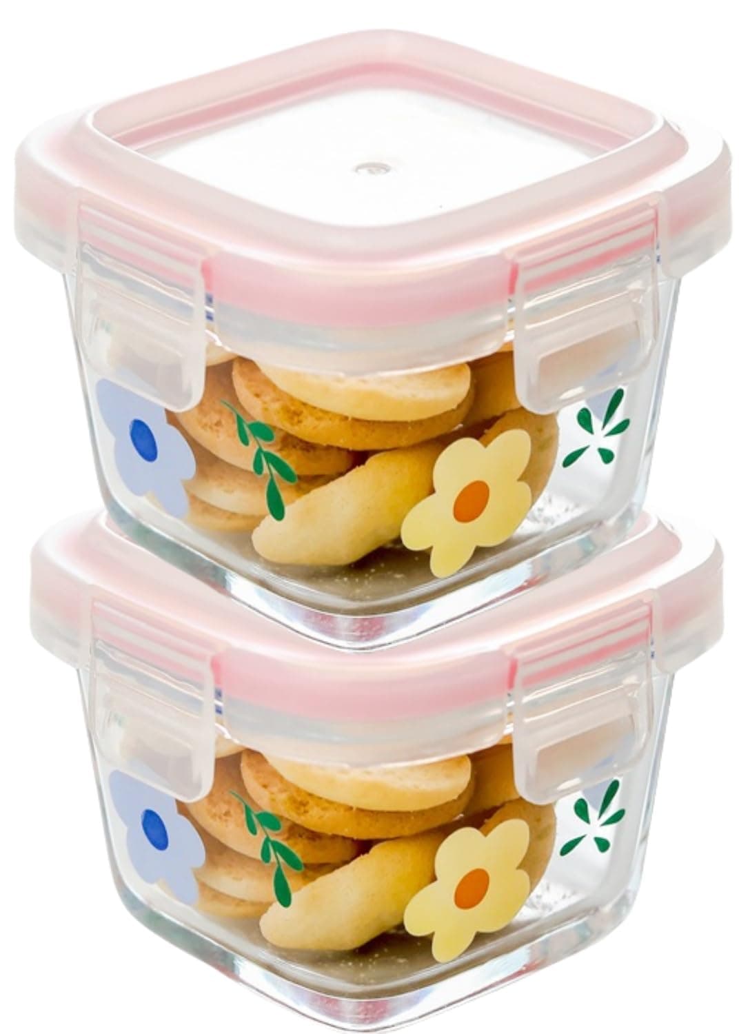 yaocoral 2 Pack 4 OZ Small Square Glass Containers with Lids, Floral Food Jars Airtight Glass Food Container for Sauce,Snack,Yogurt,Dressing,Dip,Dessert,Freezer Microwave Safe