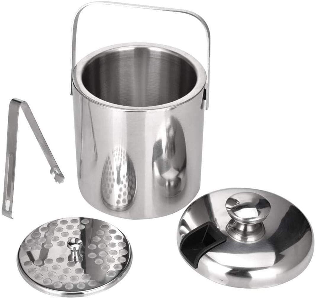 MDINC Ice Bucket Stainless Steel Ice Cube Container with Lid Double Walled 1.3L Ice Bucket Container with Tongs for Bar