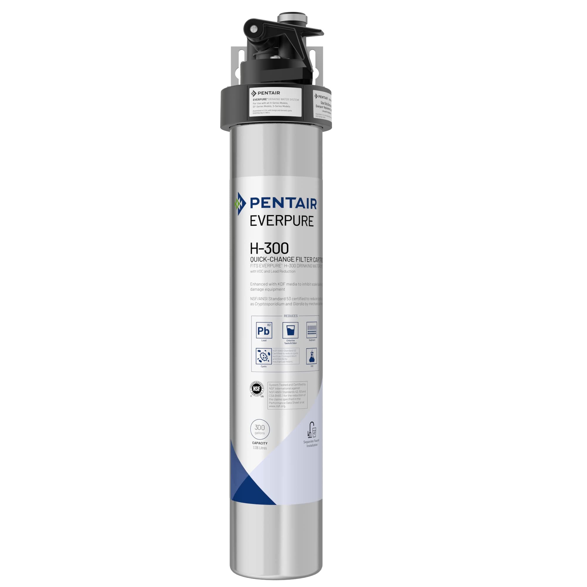 Pentair Everpure H-300 Drinking Water System, EV927076, NSF Certified to Reduce Lead, Includes Filter Head, Filter Cartridge, All Hardware and Connectors, 300 Gallon Capacity, 0.5 Micron