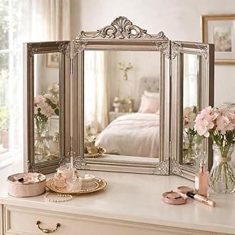 Large Free Standing Antique Silver Vanity Mirror Cosmetic Makeup Trifold Triple Tabletop Mirror for Bedrooms Bathroom Vaintage Ornate Glass 55x73cm