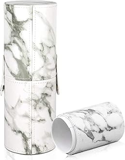 FINEMOE Large Makeup Brush Holder For Makeup Artist&Makeup Brushes Set Organizer For Travel,Premium Pu Leather Makeup Brush Stand Cosmetic Dustproof Makeup Brush Pouch&Pouch Cup Case(Marble),7.6 cm