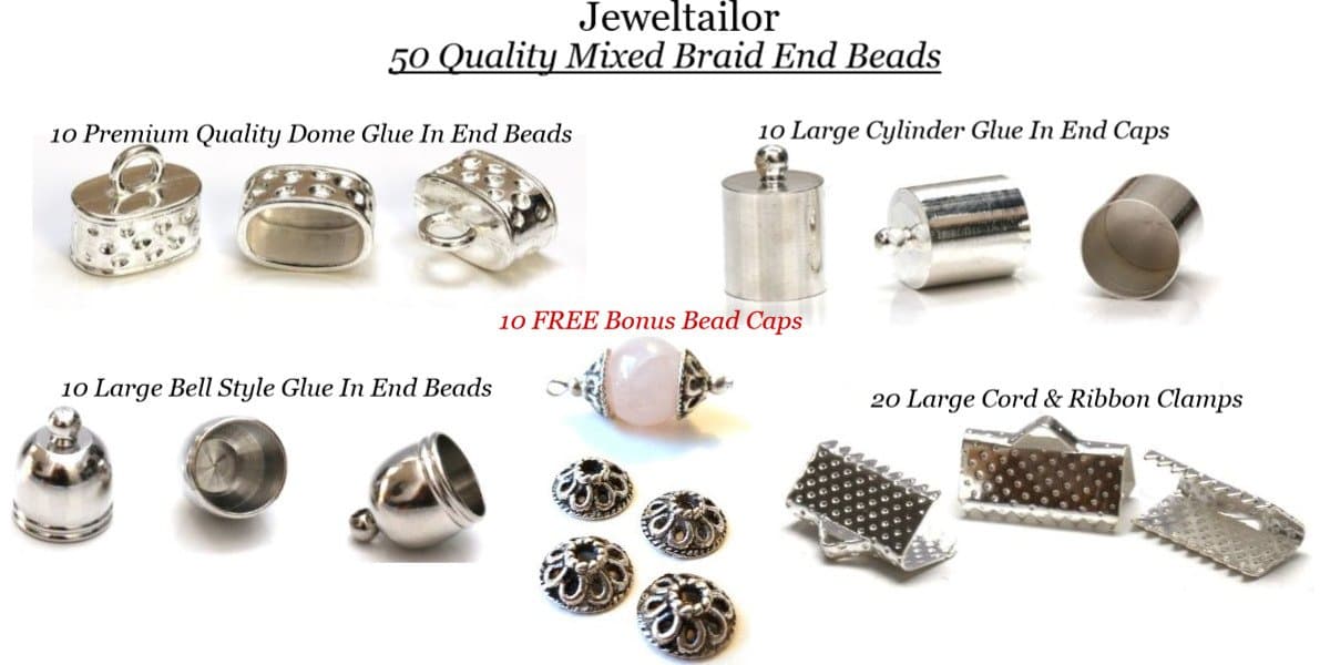 JEWELTAILOR NEW! 50 Mixed End Beads With Extra Large Sizes For Kumihimo, Macrame & Braided Designs + Includes 10 Free Bonus Bead Caps