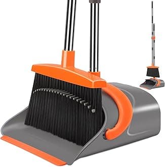 Broom and Dustpan Set for Home, Broom and Dustpan Combo for Office, Long Handle Broom with Upright Standing Dust pan,Indoor&Outdoor Sweeping (Gray&Orange)