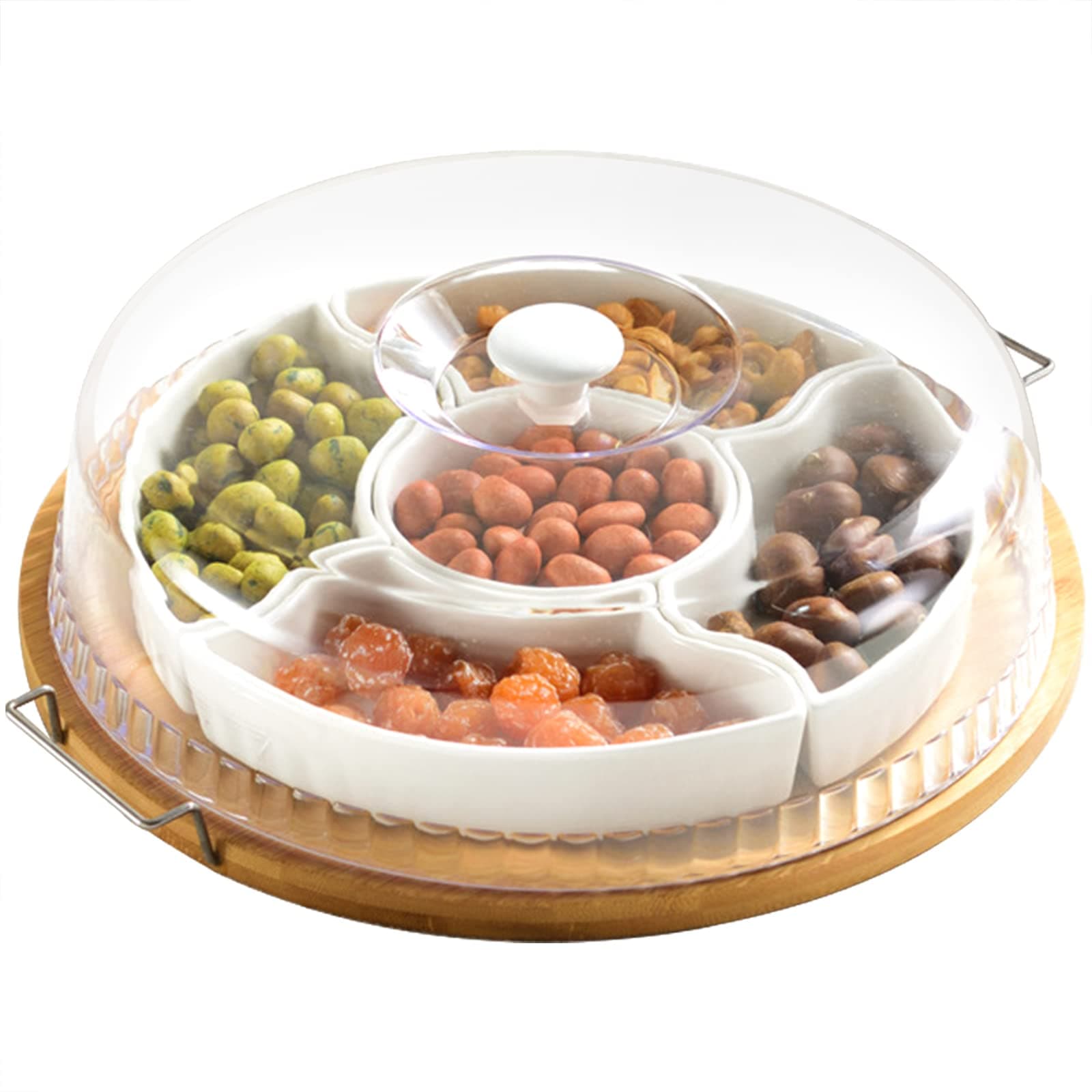 Ceramic Divided Serving Dishes Platter with Clear Lid, 11 Inch Bamboo Appetizer Tray with Handles 5 Removable Snacks Bowls Relish Tray for Candy and Nut, Chips and Dips, Veggies