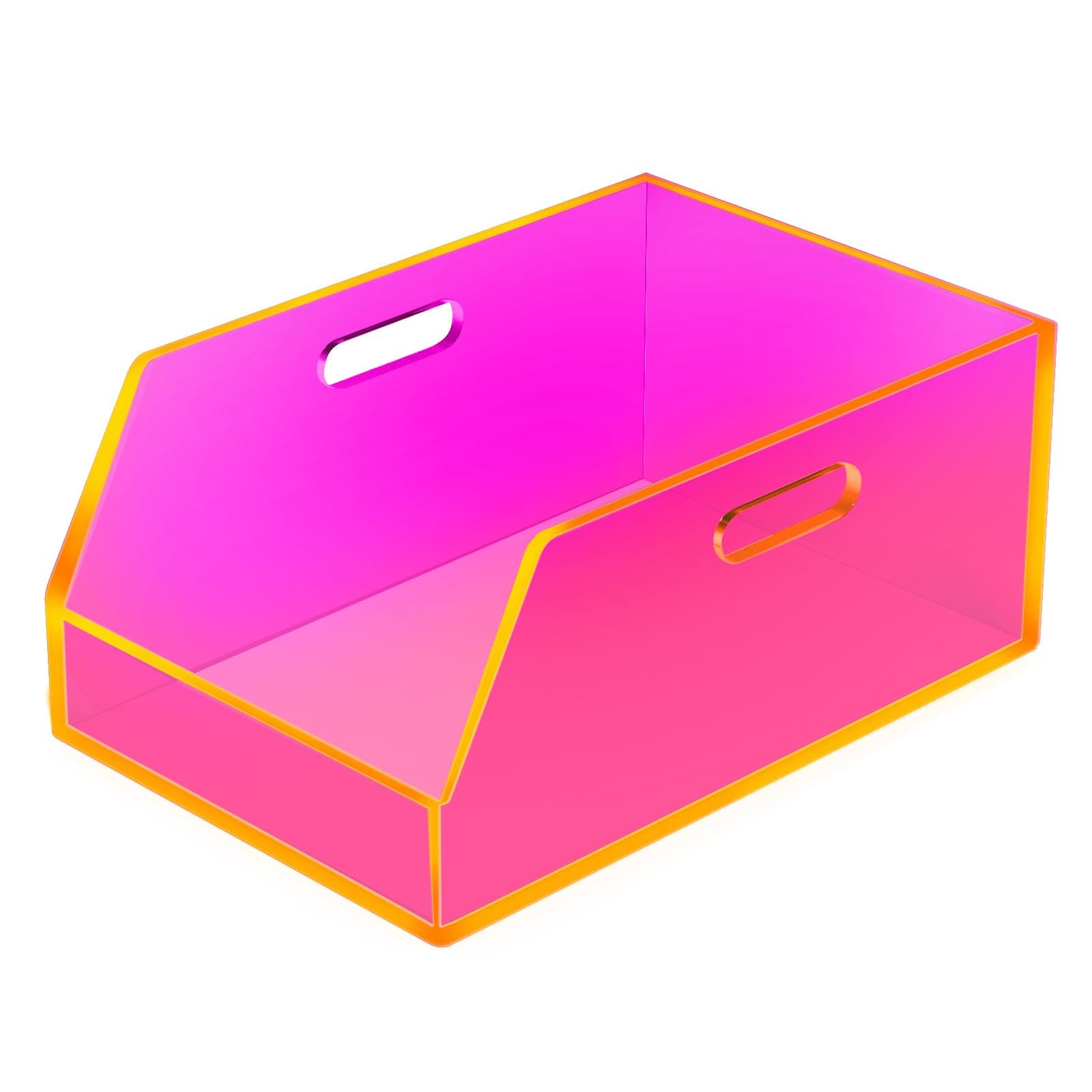 Gelite Stackable Large Storage Bin Organizer with Handles Acrylic Storage Container for Toy Pantry Kitchen Cabinet Bathroom Closet Office Organization, 15.4x11.4x6.7'', Neon Pink