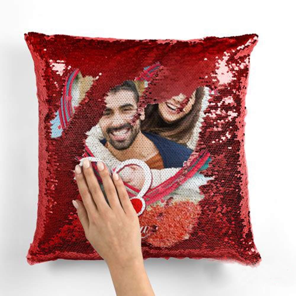 Sequin Pillow with Photo Printed - Microfiber Cushions, 12X12 Inch, Set of 1 (Multicolor, Dv_12X12Red_Magical)