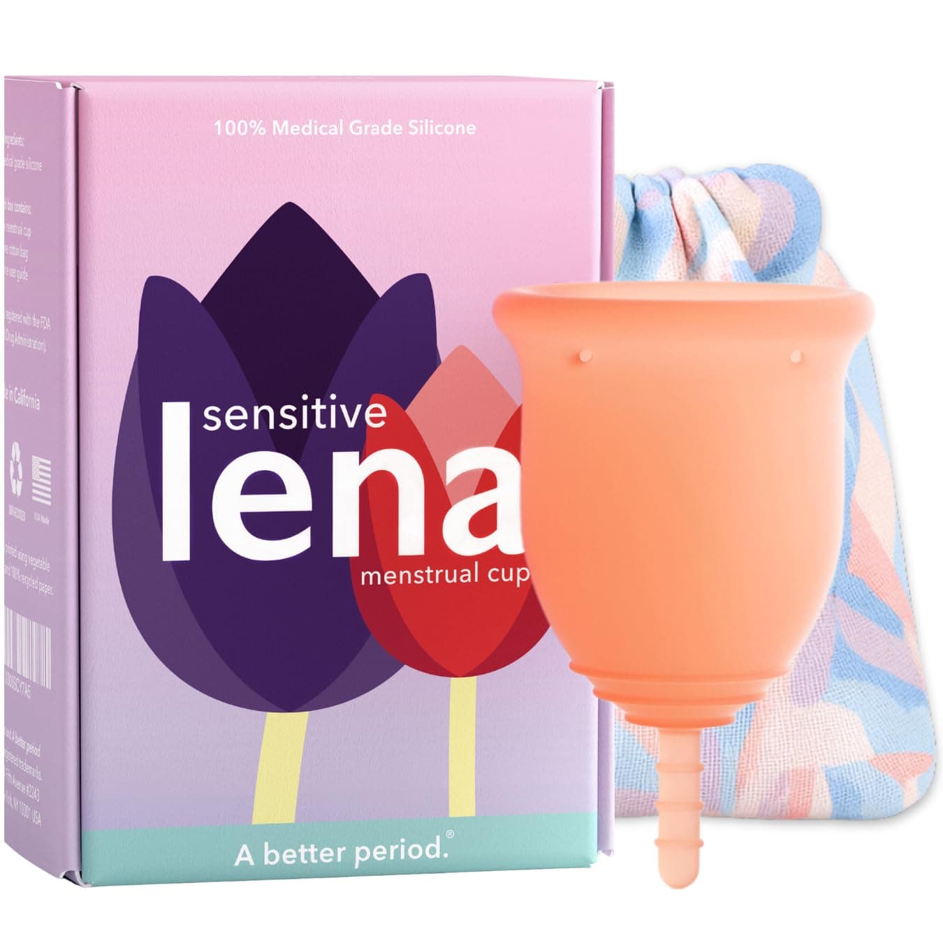 Lena Sensitive Menstrual Cup - Reusable, Soft Silicone Period Cup, Super Heavy Flow - Alternative to Tampons, Pads, Period Underwear - Period Solution - Large - Coral
