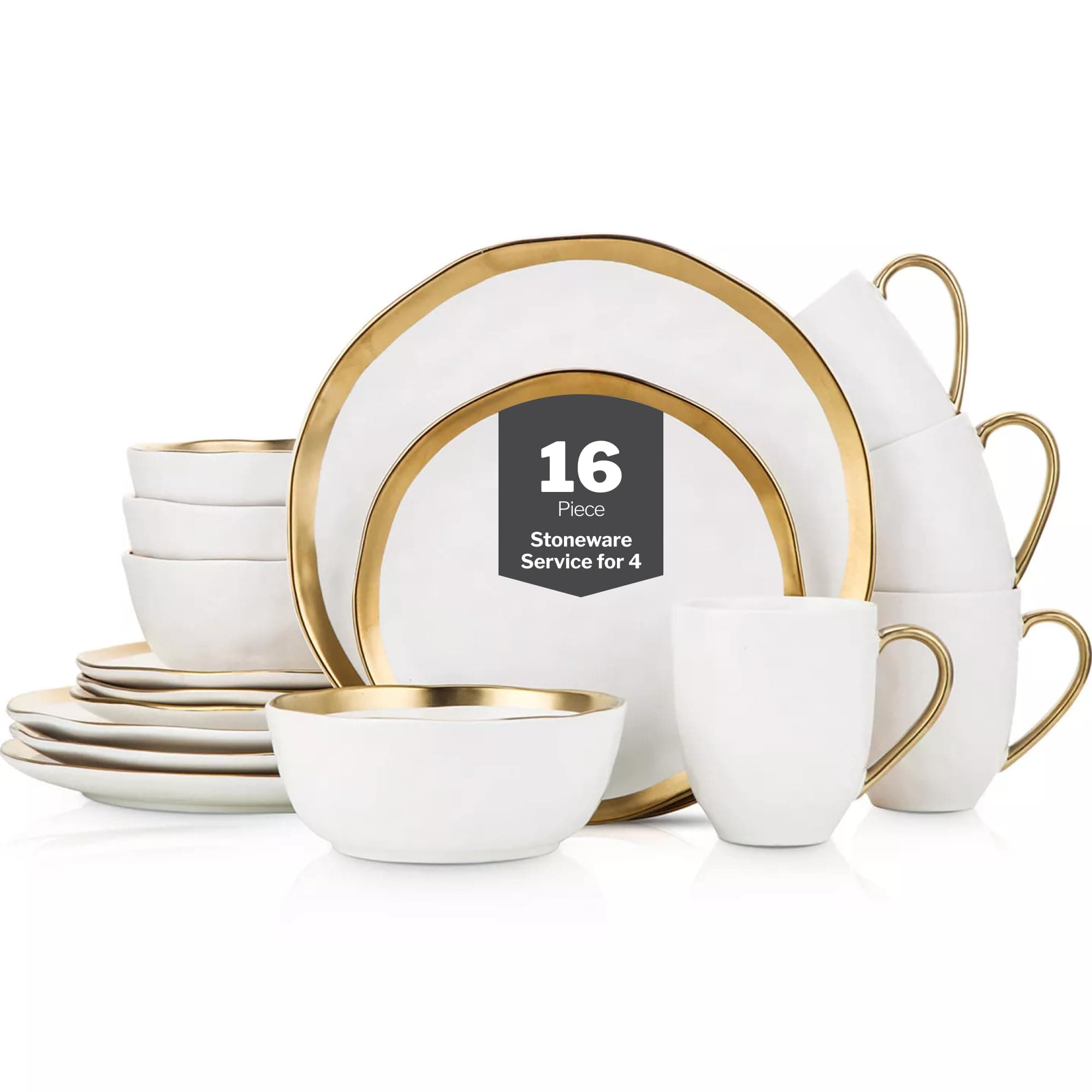 Modern Poreclain 16 Piece Dinnerware Set, Plates and Bowls Set, Dish Set for 4, White and Golden Rim