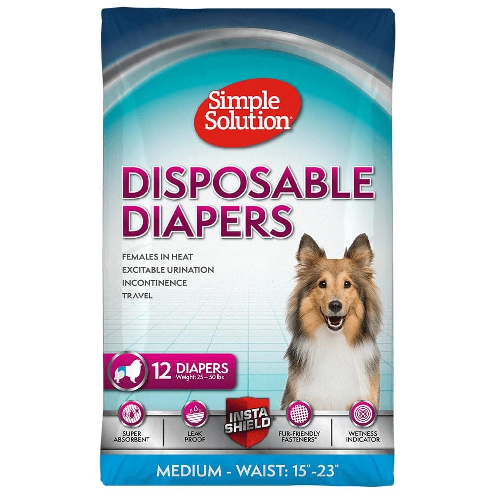 Disposable Dog Diapers for Female Dogs, True Fit, Absorbent, Leak Proof with Wetness Indicator, Puppy & Doggie Period Pad and Pee Diaper, for Medium Pets, 15-23 Inch Waist, 12 Count