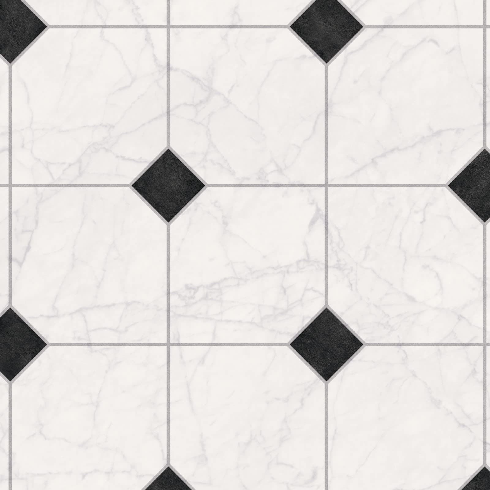 Tile Effect Tasman Vinyl Flooring Realistic 3.8mm Slip Resistant Foam Backed Lino (White & Black Diamond Tile, 4.5m x 3m)