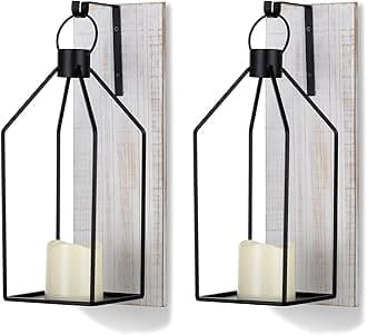 Candle Sconces Wall Decor Set of 2: Farmhouse Wood Candle Holder - Indoor Black Metal Lantern Decorations for Living Room Front Porch Yard, Washwhite