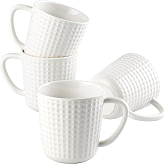 Ceramic Coffee Mugs Set of 4, 14oz White Coffee Cups with Embossed Grid Texture, Modern Minimalist Coffee Mug for Latte Cappuccino Tea Cocoa, Dishwasher & Microwave Safe, Ideal Housewarming Gift