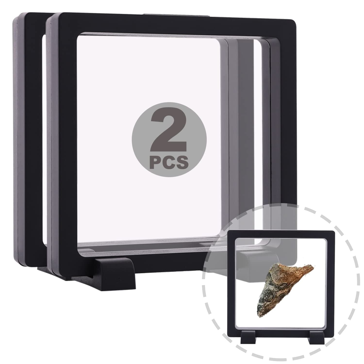 2 Set 4.3 Inch 3D Floating Display Frame Case for Jewelry, YITOU Challenge Coin Display Stands Case Holder for Fossil, Rock, Gemstones, Megladon Tooth, Specimens, Floating Frame Case