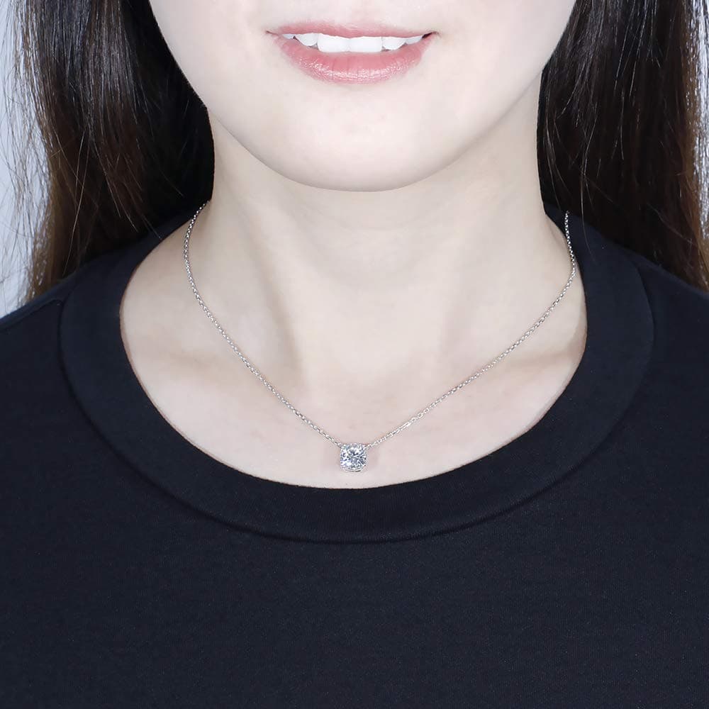 DovEggs Solid 14K White Gold 2ct 7.5mm GH Near Colorless Cushion Cut Moissanite Pandent Necklace with 14K White Gold Chain for Women