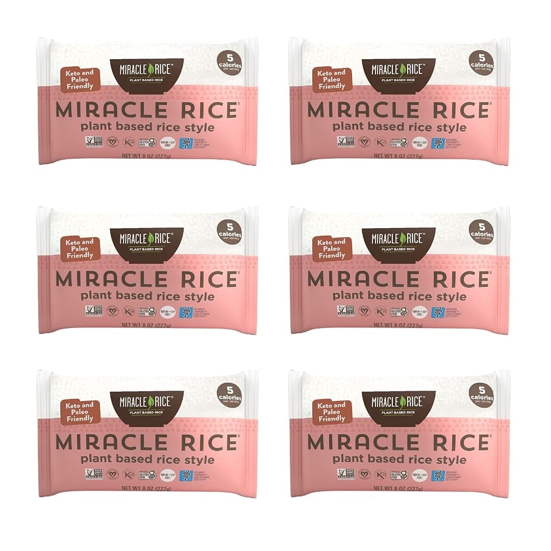 Miracle Noodle Miracle Rice, 8 Oz (Pack of 6), Plant Based Shirataki Konjac Rice, 5 Calories, 1g Net Carbs Per Serving, Keto, Gluten-Free