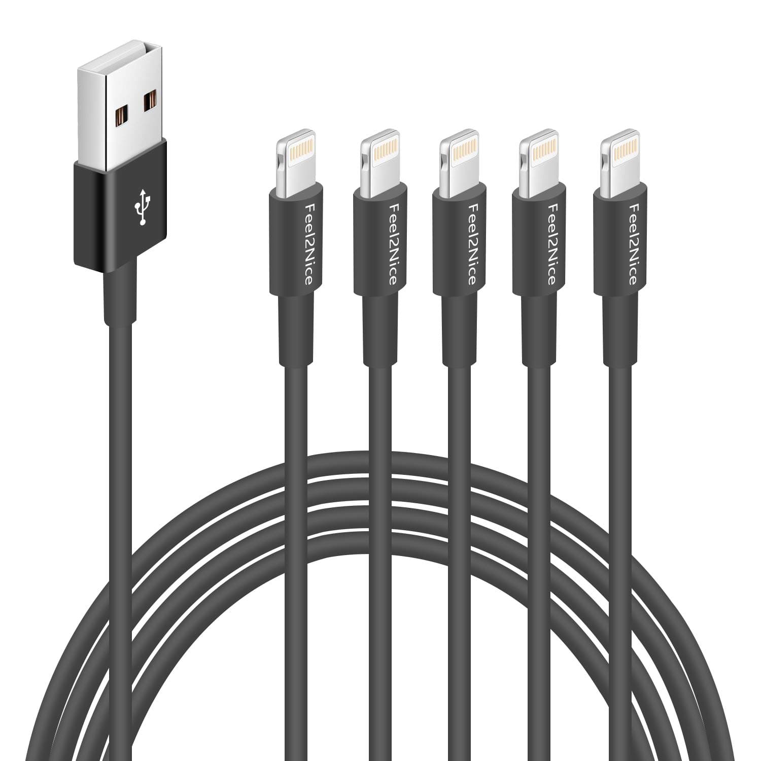FEEL2NICE5 Pack 10ft Charger Cord for Long 10 Foot iPhone Charging Cable/Data Sync Fast iPhone USB Charging Cable Cord Compatible with iPhone X Case/8/8 Plus/7/7 Plus/6/6s Plus/5s/5,iPad Case(Gray)