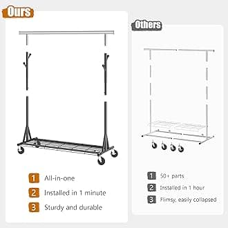 Gewudraw Heavy Duty Clothes Rack Load 480 LBS Metal Garment Clothing Rack Hang 200 pieces of clothing on Wheels Collapsible Rolling Portable & Adjustable with Hook for Hanging Clothes Black