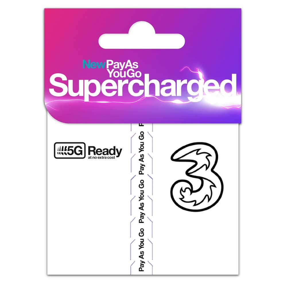 Three New Pay As You Go Supercharged Sim Card includes £20 Top up, 50GB Data, Unlimited calls & texts