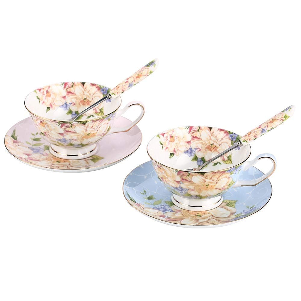 JinGlory Tea Cups,Floral Tea Cups and Suacers Set,Bone China Tea Set of 2,Coffee Cups,Tea Set for Adults/Friends/Lover,7OZ(Blue/Pink)