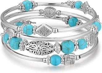 BULINLIN Layered Wrap Bangle Turquoise Bracelet - Bead Bracelet with Natural Agate Stone, Gifts For Women