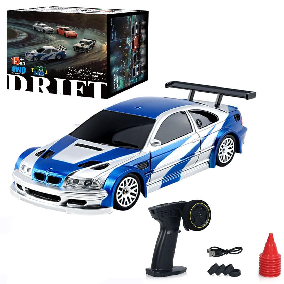Mini RC Car, 1:43 High Speed Race Car, 2.4GHz 4WD Hobby Toy Car with LED Lights and Drift Tires for Adults (Blue+White)