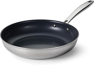 TramontinaSeattle 10-Inch Tri-Ply Clad Stainless Steel Frying Pan with Ceramic Non Stick Interior, PTFE/PFOA-Free Nonstick Skillet, Oven-Safe, Dishwasher-Safe, Induction-Ready, Made in Brazil