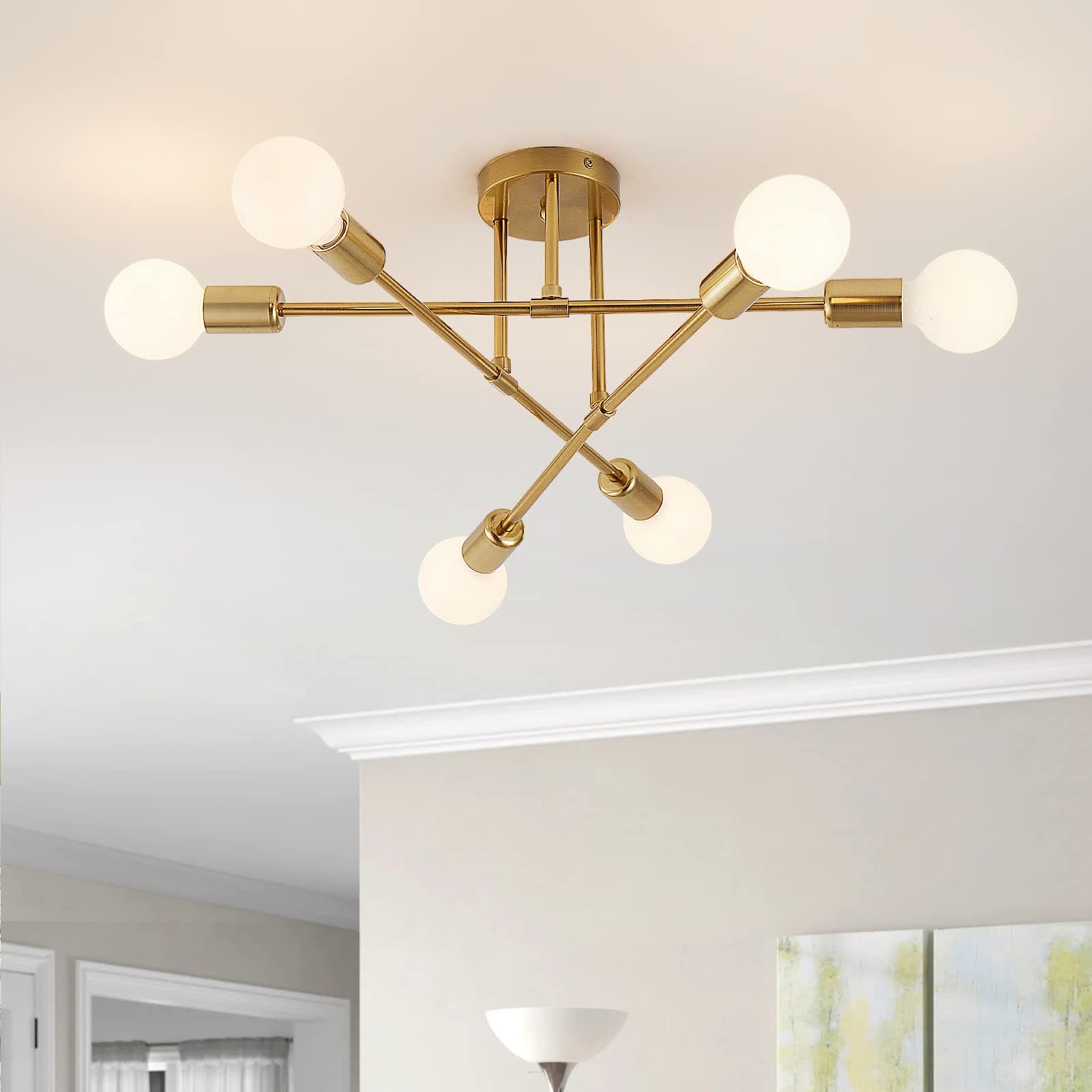 YXTH Semi Flush Mount Ceiling Light Fixture, 6 Lights Modern Sputnik Chandelier Ceiling Lamp with E26 Bulb Base, Light Fixtures Ceiling Mount for Bedroom Kitchen Living Room Hallway Entryway (Gold)