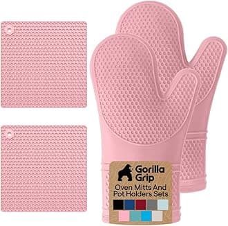 GORILLA GRIP BPA-Free Soft Silicone Oven Mitts and Pot Holders Sets of 4, Heat Resistant Waterproof Cooking Gloves, Thick Cotton Lining, Flexible Gripping for Baking Grilling, Kitchen Trivets, Pink