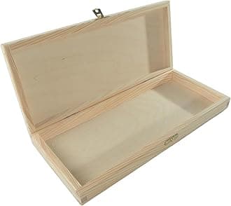 WooDeeDoo Shallow Slim Wooden Storage Box with Lid and Clasp - Unfinished Oblong Pine Case for Brushes Pencils Crayons Craft Supplies DIY Gift Keepsakes Letters Storage - 34 x 15 x 4 cm