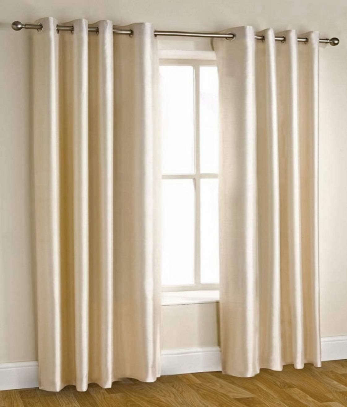 Homefab India Set of 2 Royal Silky Solid Cream Window Curtains - 5 feet, Light Filtering, Stainless Steel Eyelets