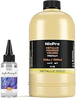 Nicpro Gold Metallic Acrylic Pour Paint, 33.8 Ounce Pre-Mixed Pouring Paint Supplies with Silicone Pour Oil & Gloves for Canvas, Rock, Wood Cell Creation Flow DIY Art Painting, Ready to Pour