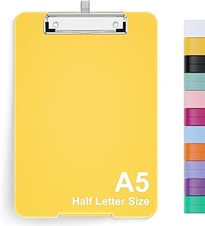 Hongri A5 Clipboard with Storage, Metal Retractable Pen Holder, 6 x 9'' Nursing Plastic Foldable Clip Board, Office Supplies, School Supplies, Menu Box for Work, Yellow
