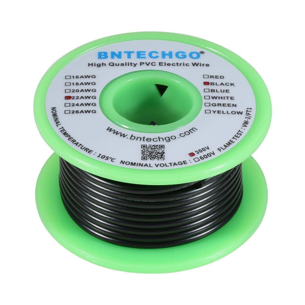 BNTECHGO 22 Gauge PVC 1007 Solid Electric Wire Black 25 ft 22 AWG 1007 Hook Up Tinned Copper Wire