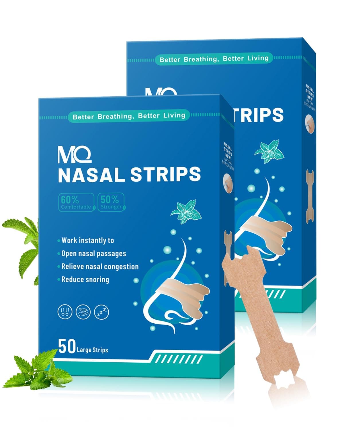 MQ 100ct Nasal Strips for Snoring Mint Scent Nose Strips for Breathing Extra Strength Snore Strips to Open Nasal Passages, Relieve Nasal Congestion