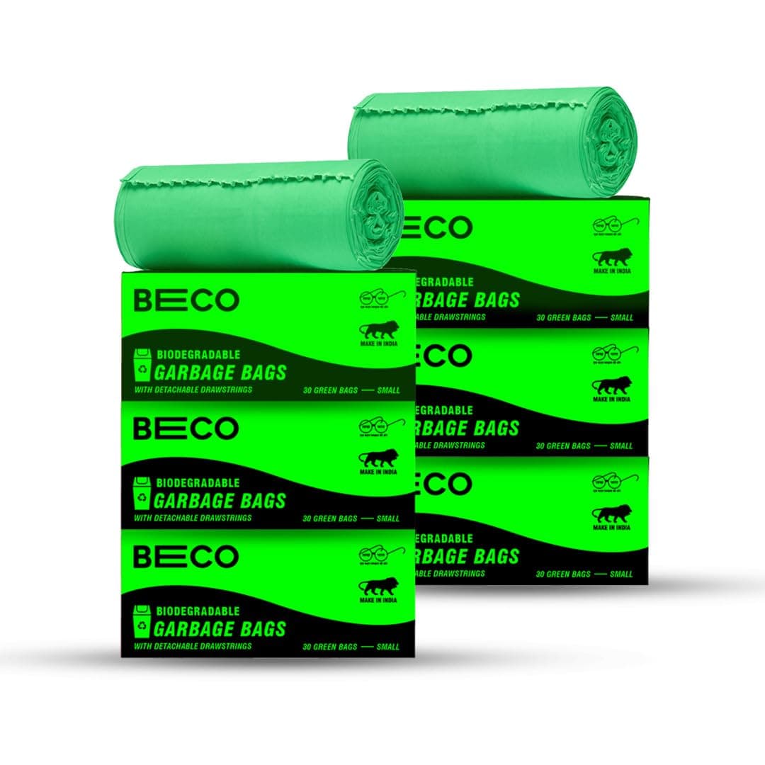 Beco Eco-Friendly Garbage Bags | 180 Pcs | Small- 17 x 19 Inches | 30 Bags x 6 Rolls | Green | Dustbin/Trash Bags with Detachable Drawstrings | For Dry & Wet waste