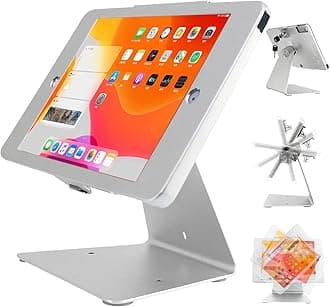 Desktop Anti-Theft Security Kiosk POS Stand Holder Enclosure for Tablets, Compatible with 10.2" iPads (2021, 2020, 2019, 2018) 7th 8th 9th Gen, Flip & 360° Swivel Design, Silver