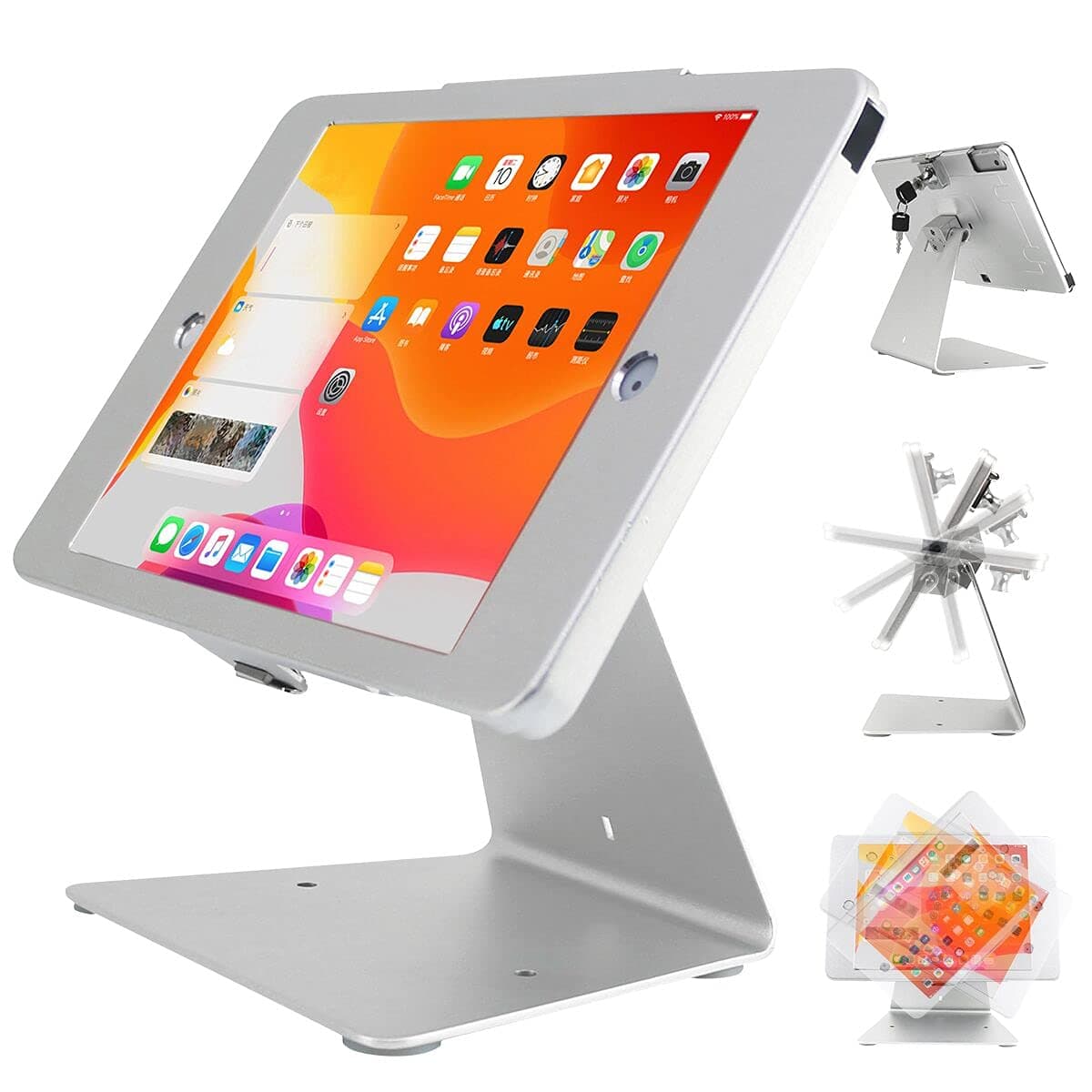 Desktop Anti-Theft Security Kiosk POS Stand Holder Enclosure for Tablets, Compatible with 10.2" iPads (2021, 2020, 2019, 2018) 7th 8th 9th Gen, Flip & 360° Swivel Design, Silver