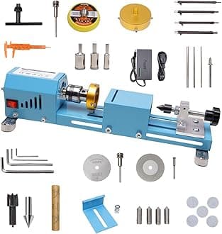 Mini Lathe Wood Lathe Machine Multi-Purpose Type Lathe with Wood Lathe Milling Accessories, for Wood Polishing, Grinding, Cutting and Milling ，2.76 in x 6.3 in, 24VDC 96W，7 Speeds