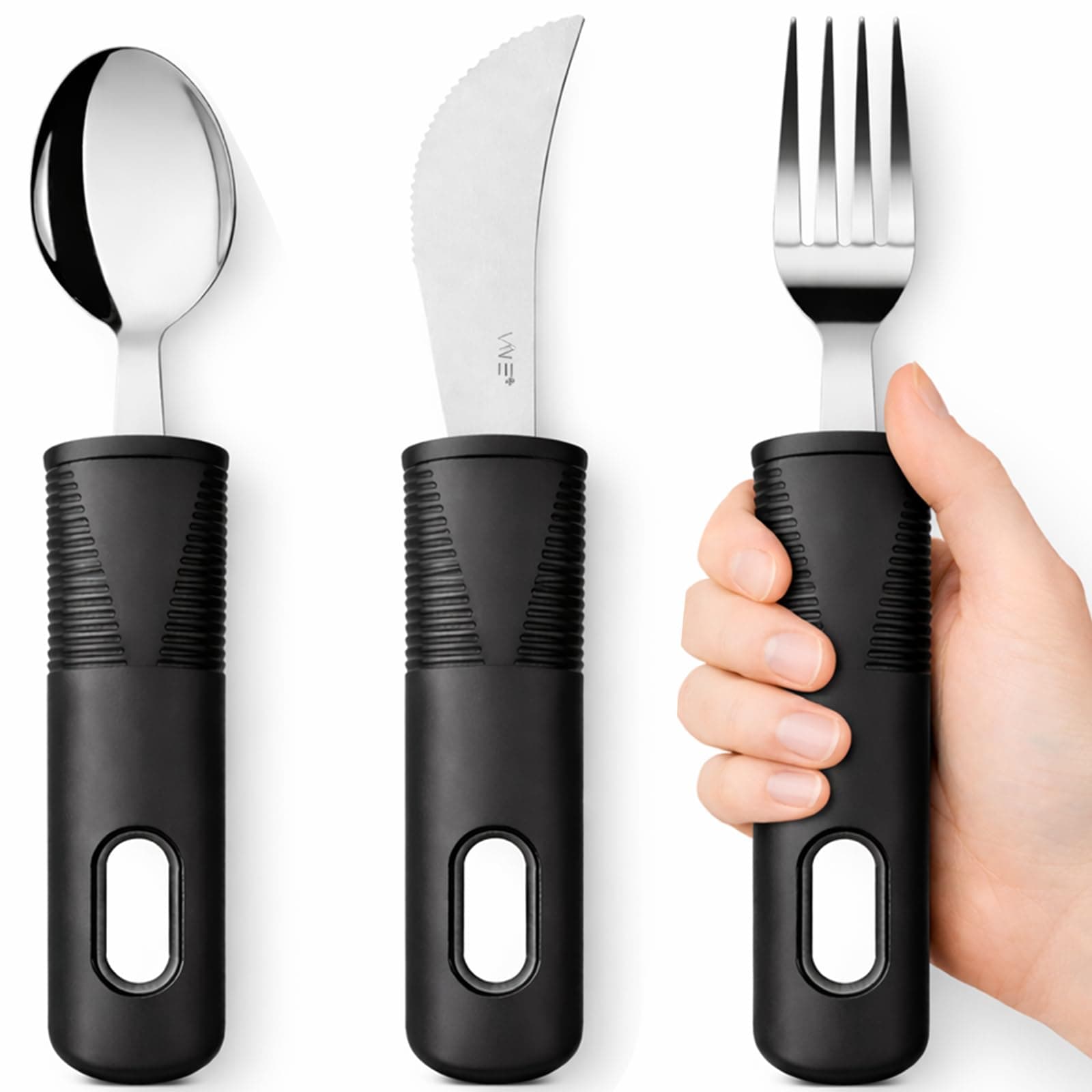 Adaptive Utensil Set Arthritis Aid Silverware For Parkinsons Hand Tremors Easy Grip For Shaking And Trembling Hands Heavy Stainless Steel Spoon Fork Serrated Knife Non Weighted Holder