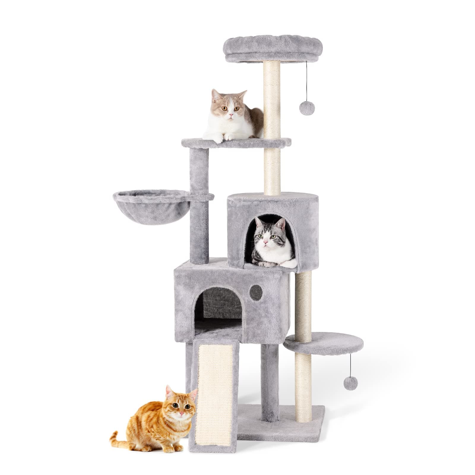 59" Large Cat Tree Tower for Indoor Cats Soft Plush Multi-Level Cat Condo House with Hammock, 2 Cat Cave, Scratching Post, Sisal Staircase, Light Grey